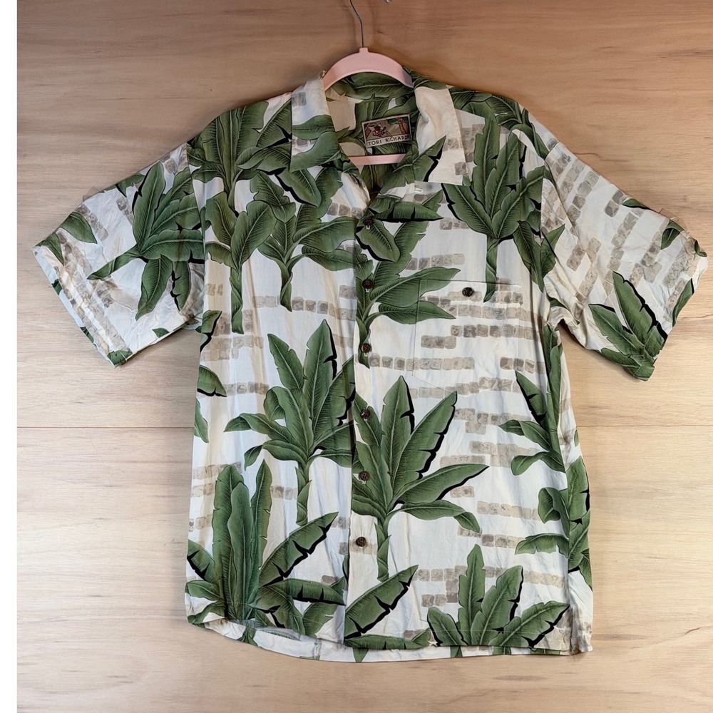 Tori Richard Mens Hawaiian Shirt Medium Green Banana Leaf  Made in Hawaii Vegara
